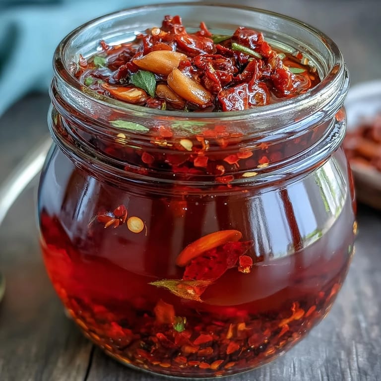 Aromatic Calabrian chili oil with golden garlic slices and crushed chilies in a rustic glass jar.
