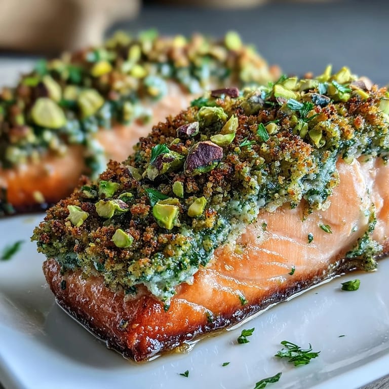 Crunchy pistachios and fresh herbs create a flavorful crust on juicy salmon, offering a delightful mix of textures and bright citrus notes.