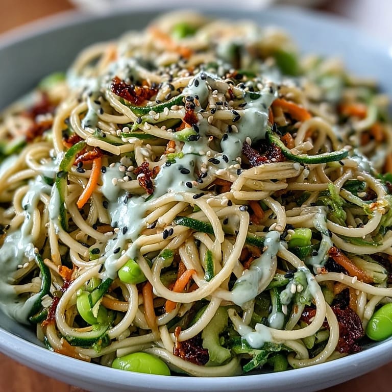 Cold soba noodles in a vibrant sesame ginger dressing, topped with fresh vegetables and toasted sesame seeds.  