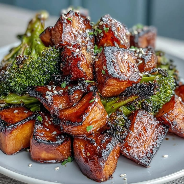Colorful roasted vegetables glazed in savory miso-butter sauce, garnished with sesame seeds.  