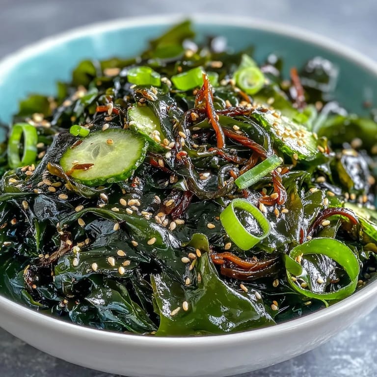 Refreshing seaweed salad featuring tangy ponzu, fresh ginger, and crunchy cucumber for a light vegan appetizer.  