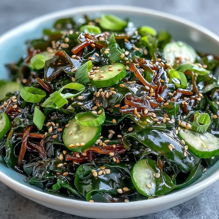 Colorful seaweed salad tossed in ponzu, garnished with sesame seeds and chili for a zesty side dish.