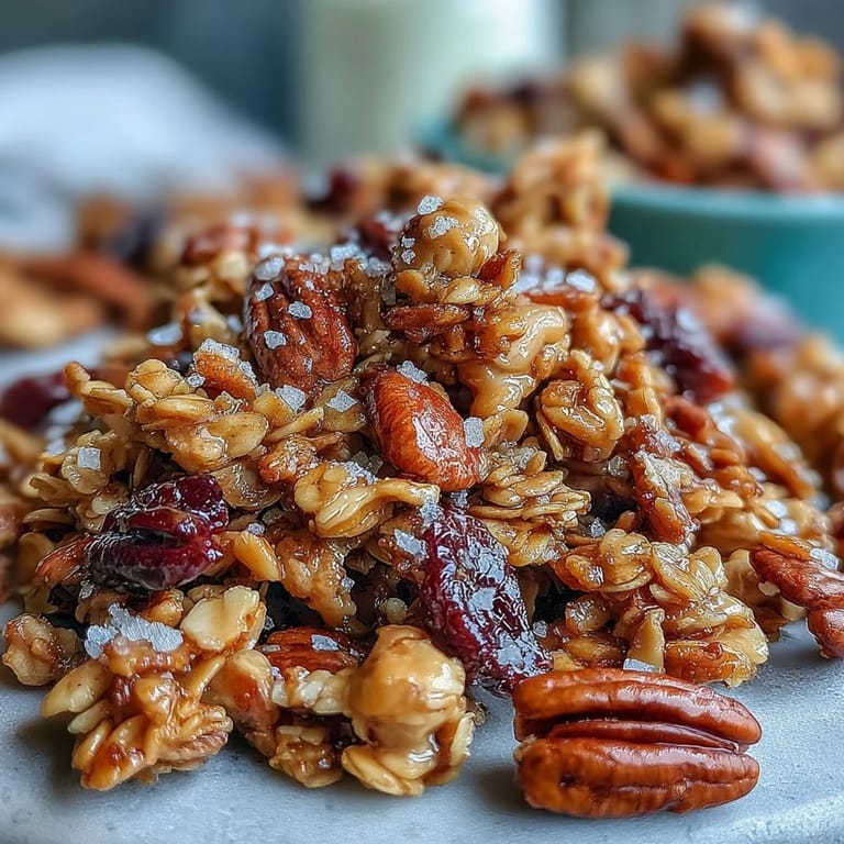 Close-up of oven-baked salted honey granola sprinkled with fleur de sel for a sweet-salty crunch.