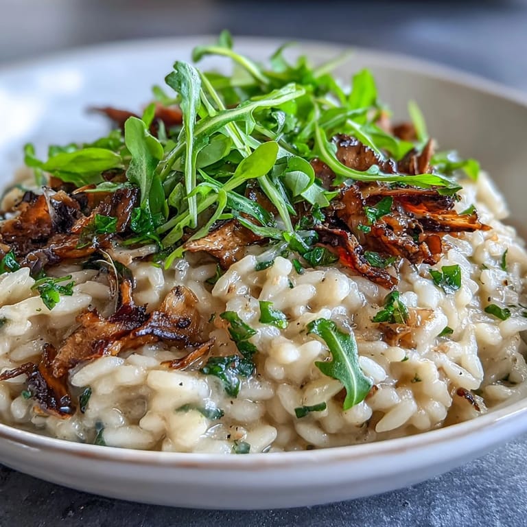 Creamy risotto infused with truffle oil, topped with crisp pea shoots for a vibrant, gourmet vegetarian dish.  