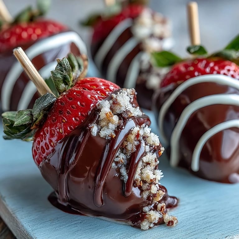Elegant edible arrangement of fresh strawberries coated in dark and white chocolate, decorated with nuts and sprinkles.  