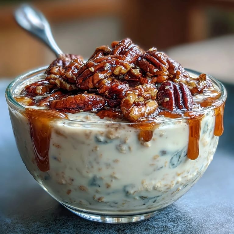 Velvety Greek yogurt overnight oats topped with crunchy, caramelized pecans and rich maple syrup.