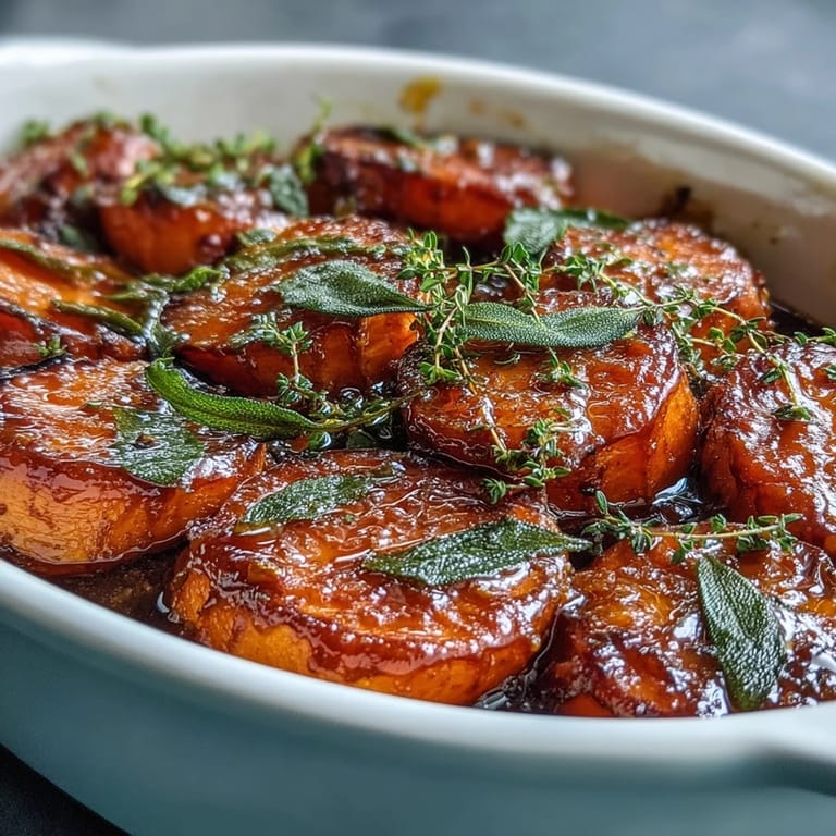2. Golden-brown candied yams topped with aromatic sage, served in a glossy brown butter-maple glaze.  
