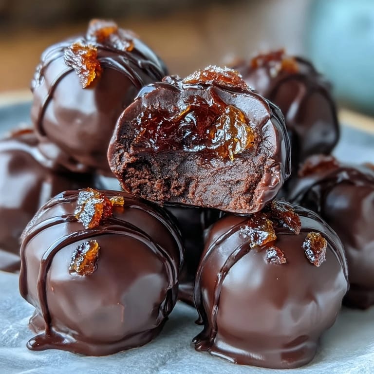 Silky ganache truffles rolled with zesty candied orange, coated in rich dark chocolate for a luxurious treat.  