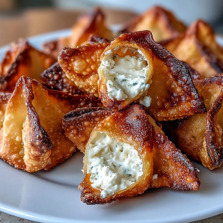 Golden air-fried wontons bursting with savory cream cheese filling, perfect for appetizers or party snacks.