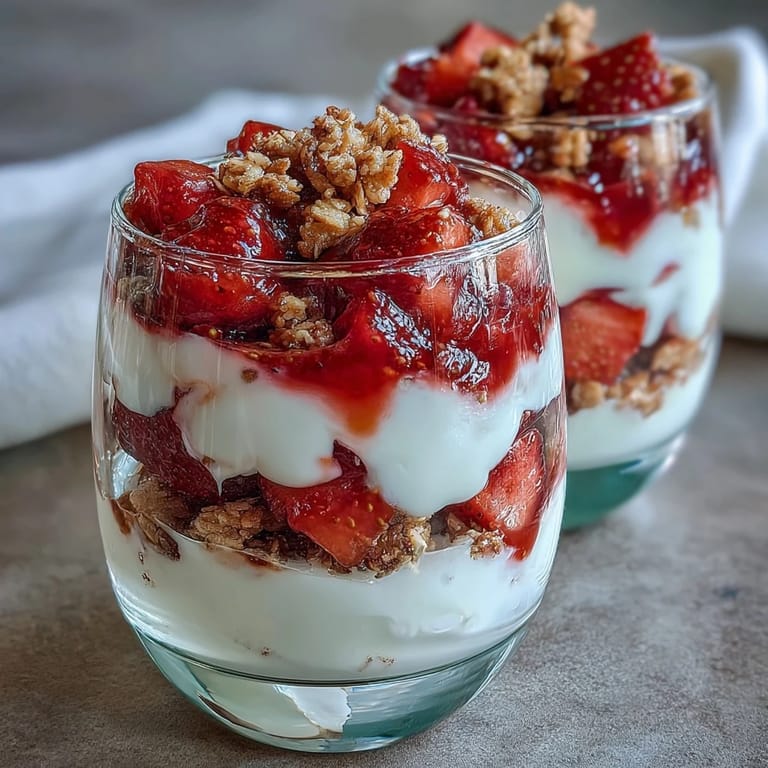 Elegant mini parfaits showcase fresh strawberries, smooth yogurt, and granola in shot glasses for a perfect bite-sized dessert.