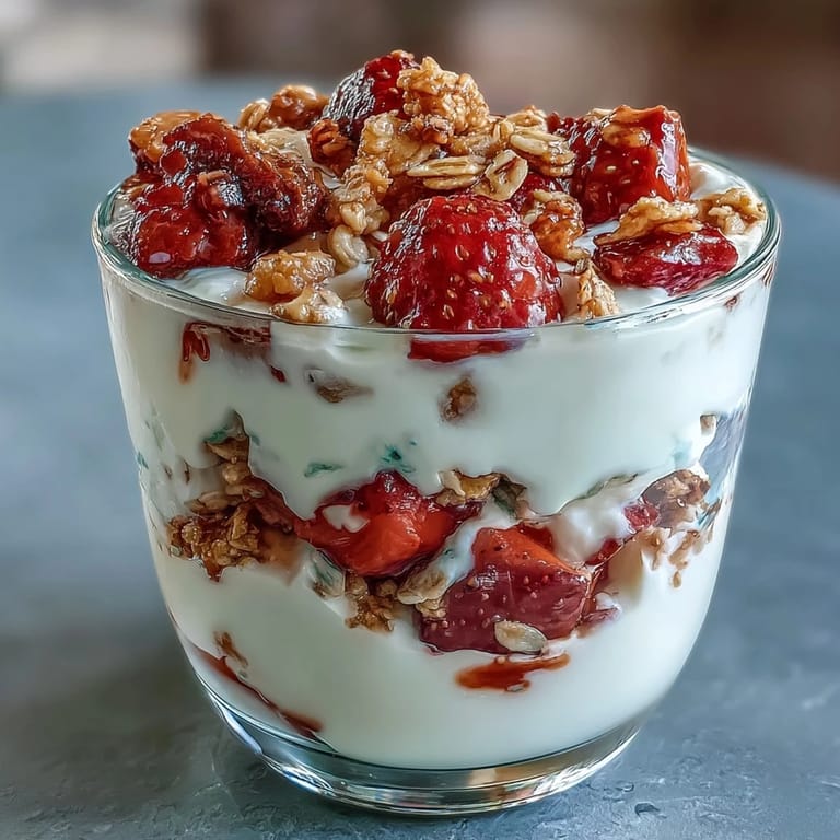 Layered strawberry yogurt parfaits in shot glasses combine vibrant fruit, rich yogurt, and crunchy granola for a stunning treat.