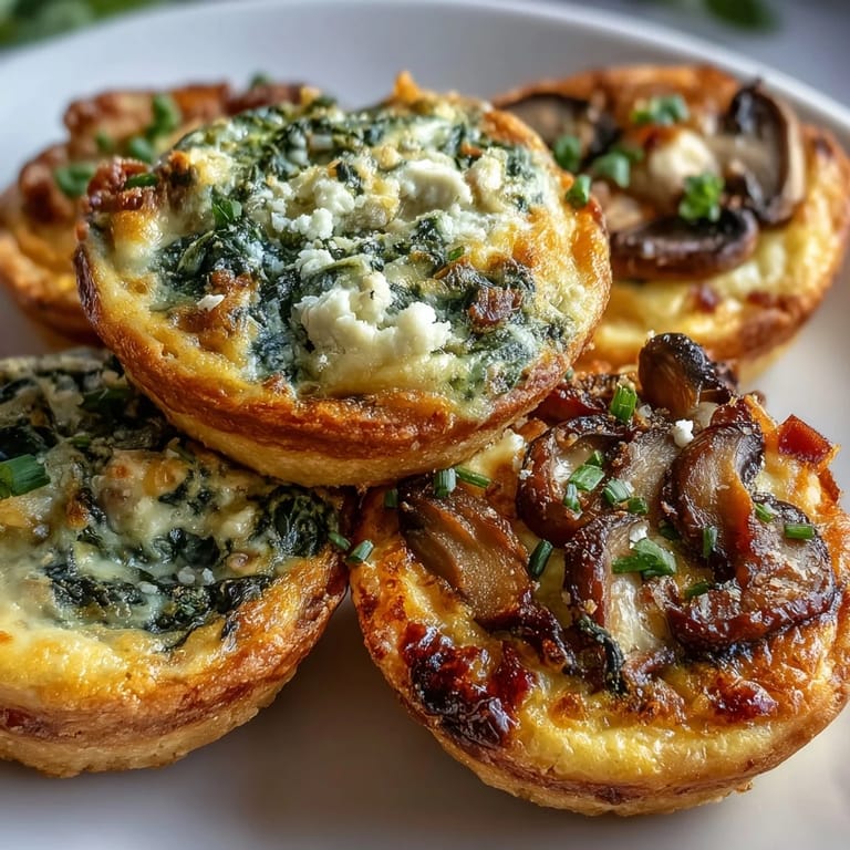Golden mini quiches filled with spinach feta, mushroom Gruyère, and ham Swiss for a delightful flavor trio.  