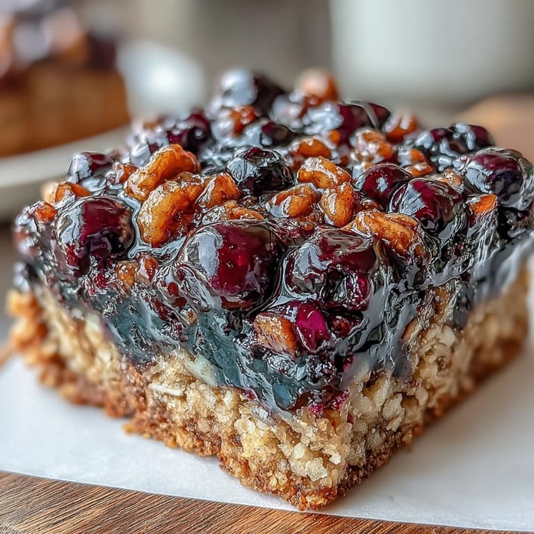 Close-up of chewy blueberry oat bars, packed with wholesome oats and sweet fruit filling.  