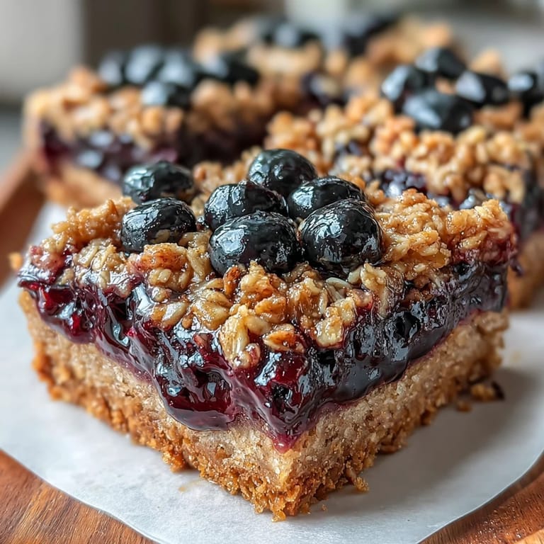 Homemade blueberry oat breakfast bars served on a rustic plate, perfect for a healthy snack.