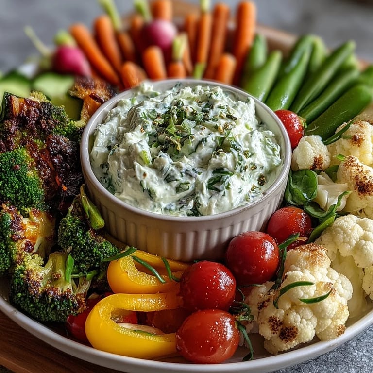 Crisp, garden-fresh vegetables arranged with Green Goddess dip, offering a nutritious and visually appealing appetizer option.