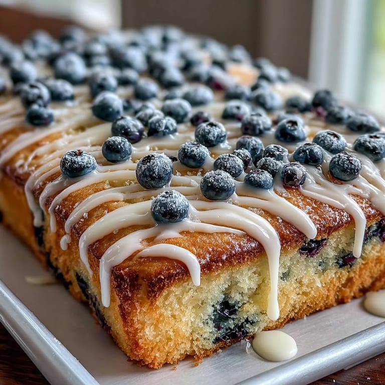 Fluffy lemon cake loaded with juicy blueberries and topped with a light, sweet-tart icing for a refreshing dessert.