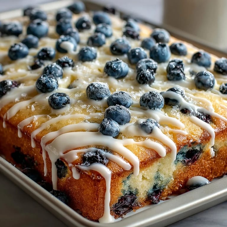 Moist sheet cake bursting with lemon zest and fresh blueberries, finished with a drizzle of zesty lemon glaze.