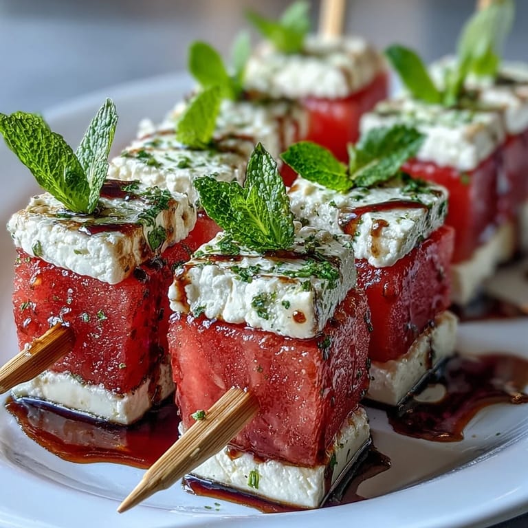 Easy watermelon feta skewers featuring sweet fruit, tangy cheese, and fresh mint for a refreshing Mediterranean appetizer.