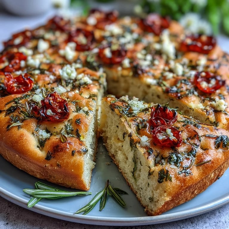 2. Garden-inspired focaccia topped with artful vegetable flowers, fresh herbs, and cherry tomatoes, perfect for spring baby showers.
