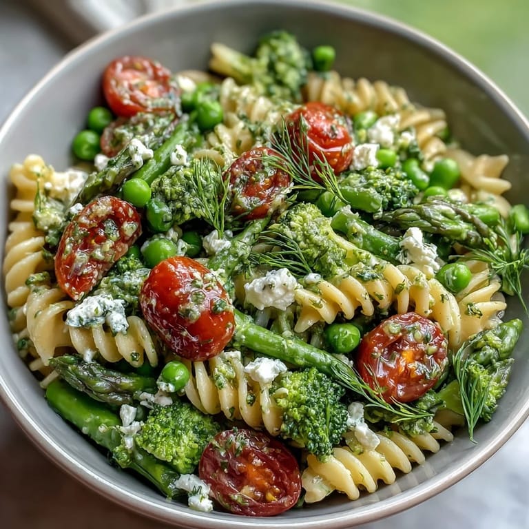 Colorful garden pasta salad with tender broccoli, sweet peas, and fresh herbs, perfect for picnics or a refreshing light lunch.
