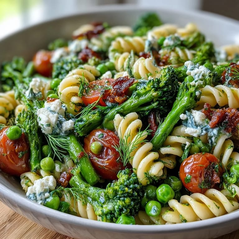 Vibrant vegetarian pasta salad featuring al dente fusilli, crisp broccoli florets, sweet peas, and cherry tomatoes in a bright lemon vinaigrette.  