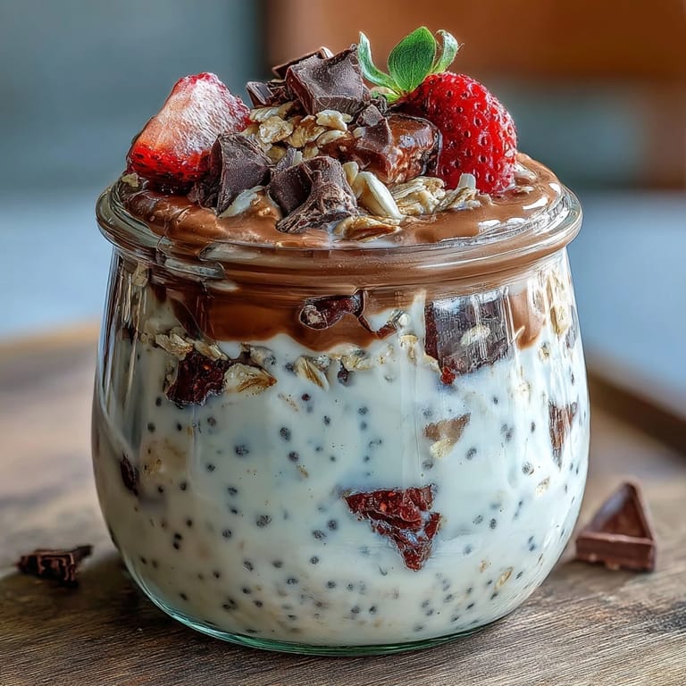 Decadent overnight oats dessert jar filled with strawberries, chocolate chunks, and Greek yogurt.  