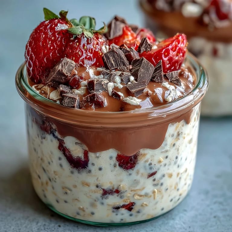Make-ahead strawberry chocolate chunk overnight oats layered in a jar for a healthy dessert.