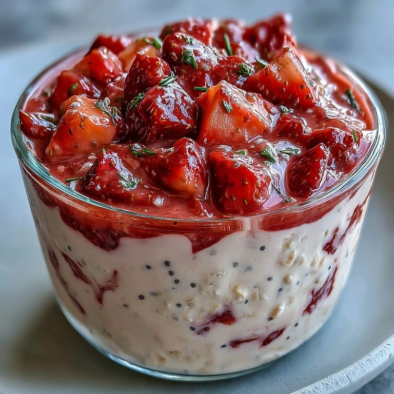 Creamy overnight oats with juicy strawberries, tangy lemon zest, and crunchy poppy seeds, perfect for a healthy morning meal.