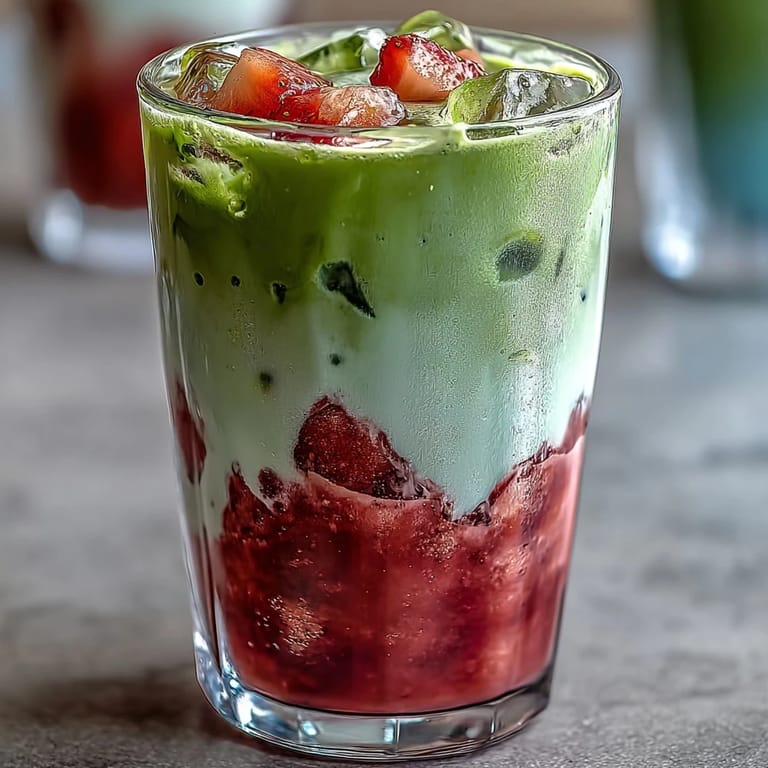 Layered iced strawberry matcha latte with vanilla sweet cream, blending sweet strawberries, earthy matcha, and creamy vanilla for a refreshing summer drink.