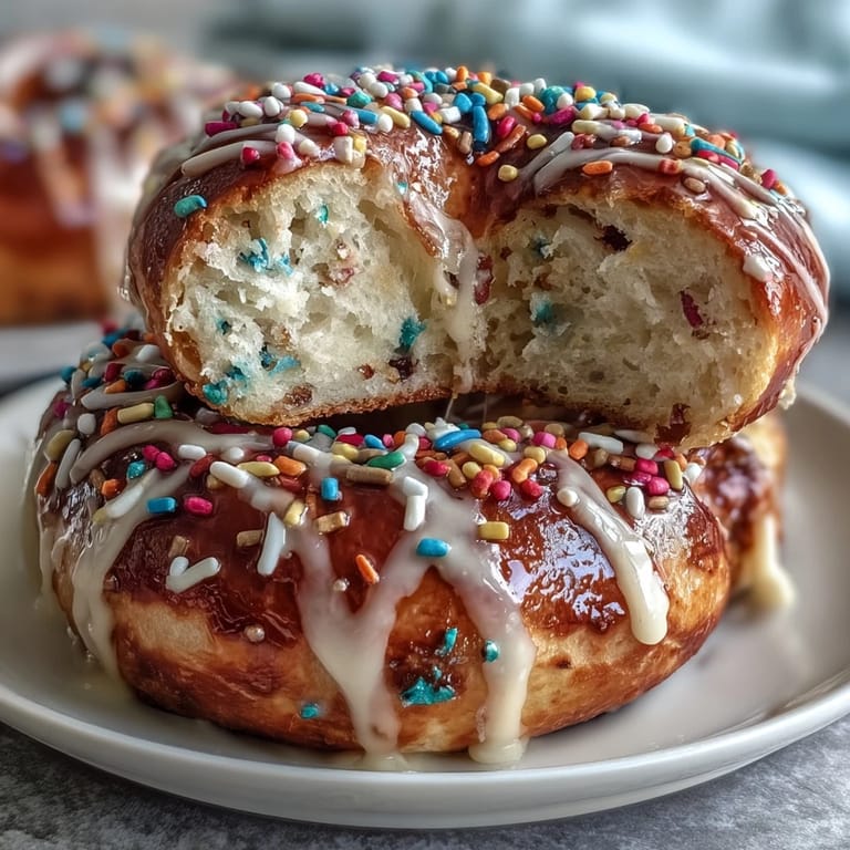 Soft and chewy Rainbow Sprinkle Birthday Cake Protein Bagels bursting with vanilla flavor and rainbow sprinkles, perfect for a celebratory morning meal.