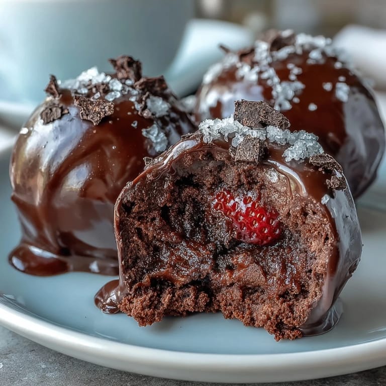 Elegant dark chocolate truffles infused with strawberry flavor, rolled in crushed berries and adorned with shimmering edible gold.  