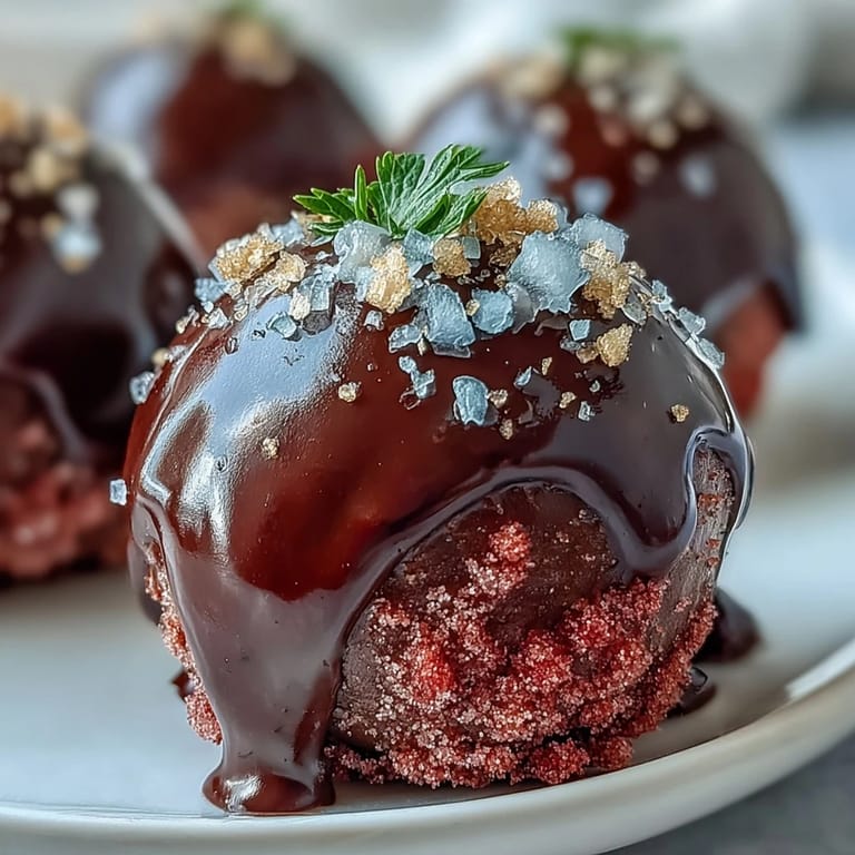 Decadent Dubai-inspired chocolate truffles with strawberry filling, coated in smooth dark chocolate and finished with gold leaf accents.