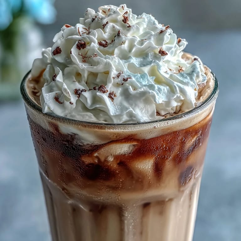 Creamy Iced Vanilla Bean Frappuccino with Coconut Whipped Cream served in tall glasses, showcasing layers of blended coffee and vanilla topped with dairy-free whipped cream.