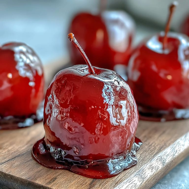 Mini apples dipped in vibrant red hard candy coating, each speared with a wooden stick for easy, fun eating.