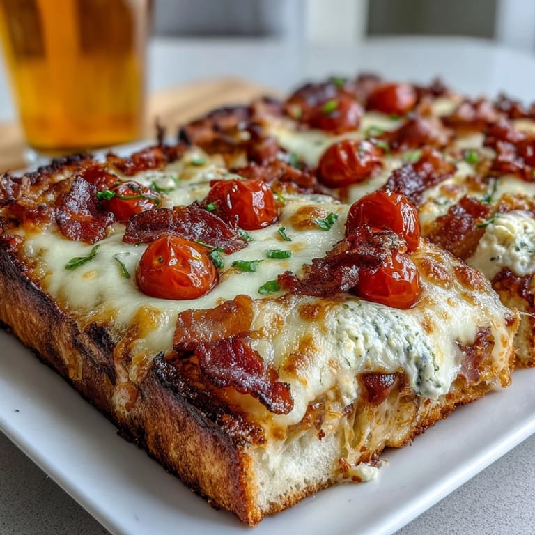 Savory Kentucky Derby Hot Brown flatbread pizza featuring roasted turkey, crispy bacon, juicy tomatoes, and creamy cheese sauce on a crispy base.