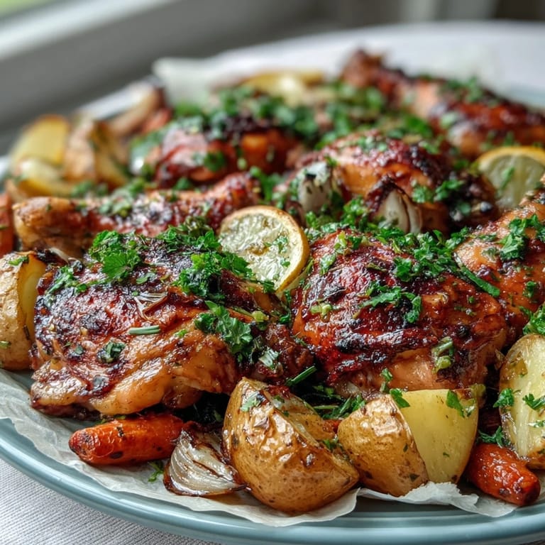 Golden-brown chicken drumsticks nestled among tender potatoes and carrots, baked to perfection for a wholesome, one-pan meal.