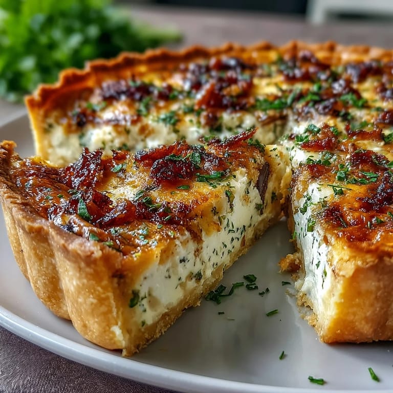 A savory French-inspired quiche filled with tender leeks, creamy Gruyere, and fresh herbs, baked to golden perfection in a flaky crust.