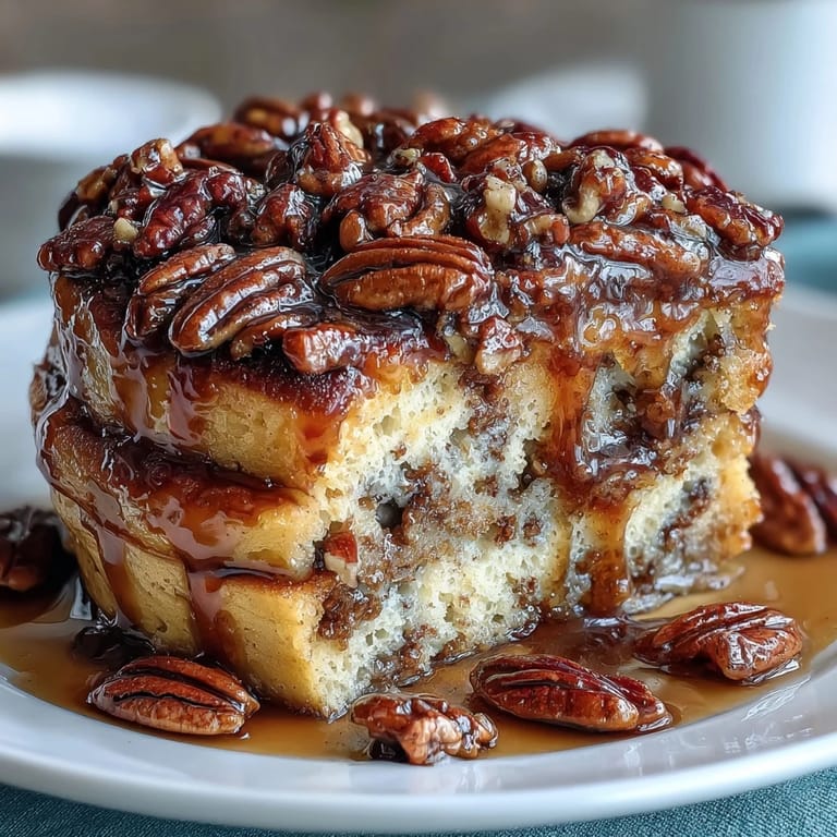 Fluffy pancake casserole topped with a rich maple syrup swirl, baked until golden and ready for a satisfying morning meal.