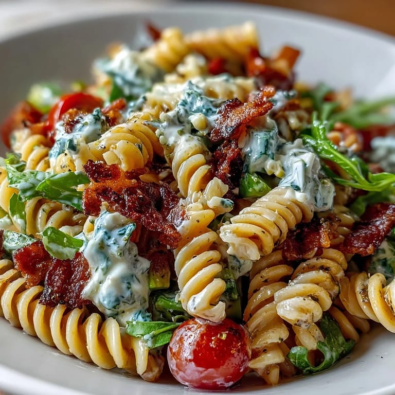 Hearty BLT pasta salad with tender fusilli, smoky bacon, and juicy tomatoes, finished with cool avocado for a satisfying main dish.