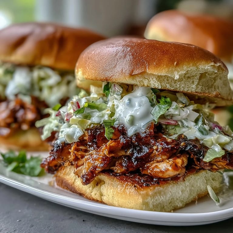 Mouthwatering shredded BBQ chicken sliders topped with crisp coleslaw, perfect for summer cookouts.  
