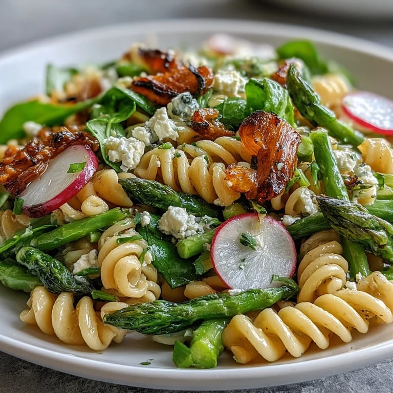 Bright and refreshing spring pasta salad with radishes, asparagus, and zesty lemon dressing, ideal for warm weather meals or gatherings.