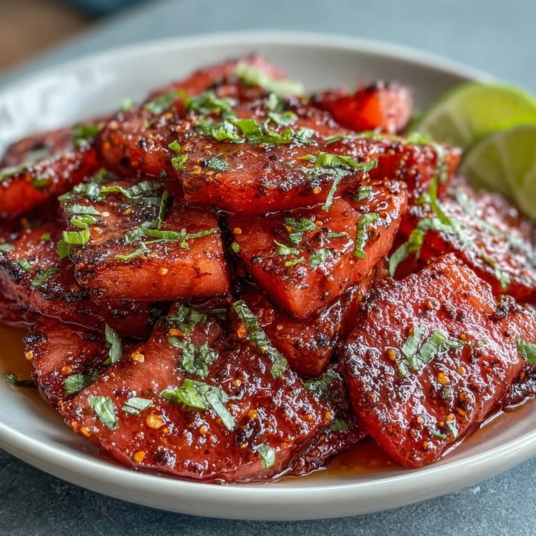 Refreshing watermelon slices dusted with Tajin and drizzled with lime juice create a vibrant, tangy snack ideal for hot days.