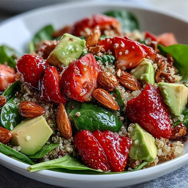 Colorful strawberry avocado quinoa salad featuring juicy berries, creamy avocado, and toasted almonds for added crunch.