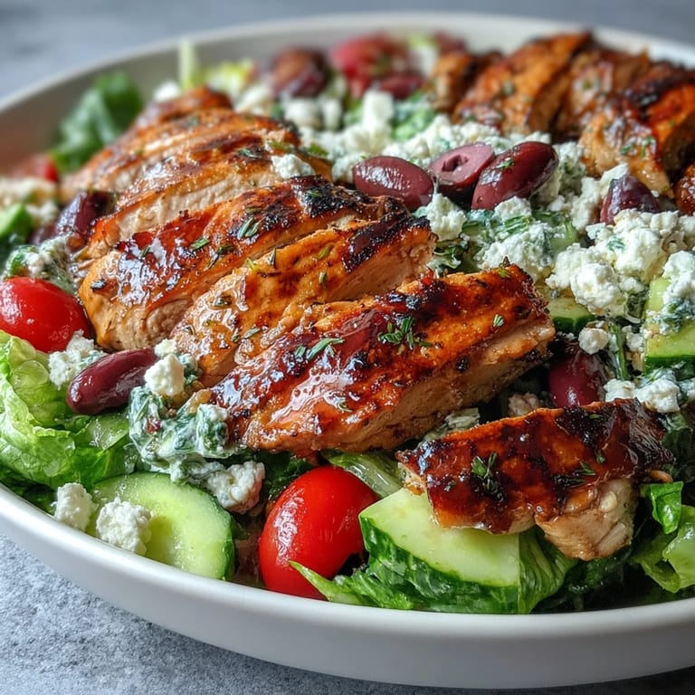 Refreshing Greek salad bowl featuring tender grilled chicken, colorful vegetables, Kalamata olives, and crumbled feta, drizzled with zesty lemon-oregano dressing.