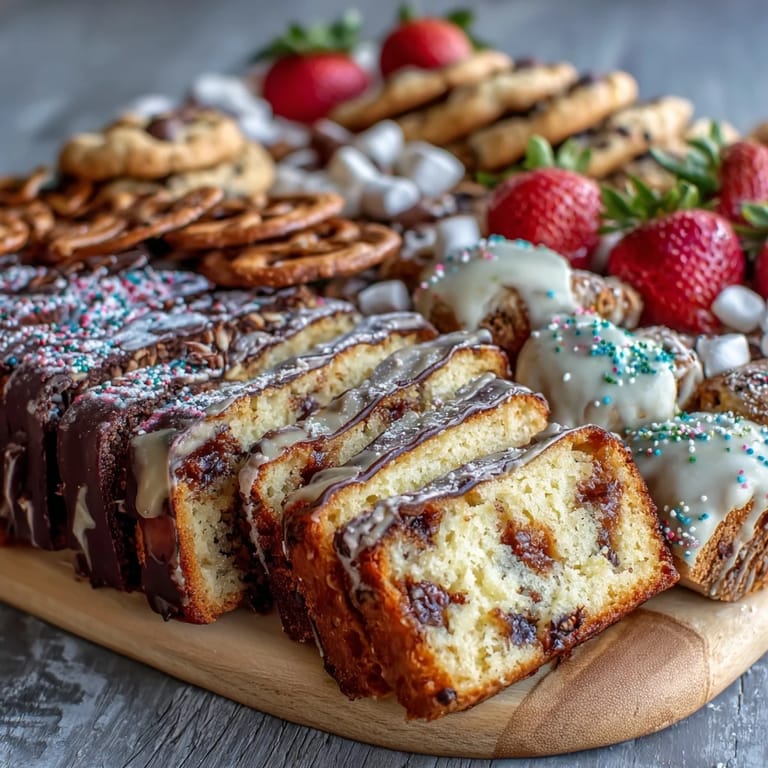 Colorful dessert board featuring pound cake, lemon loaf, cookies, and brownie bites, garnished with fresh strawberries and raspberries for a sweet spread.