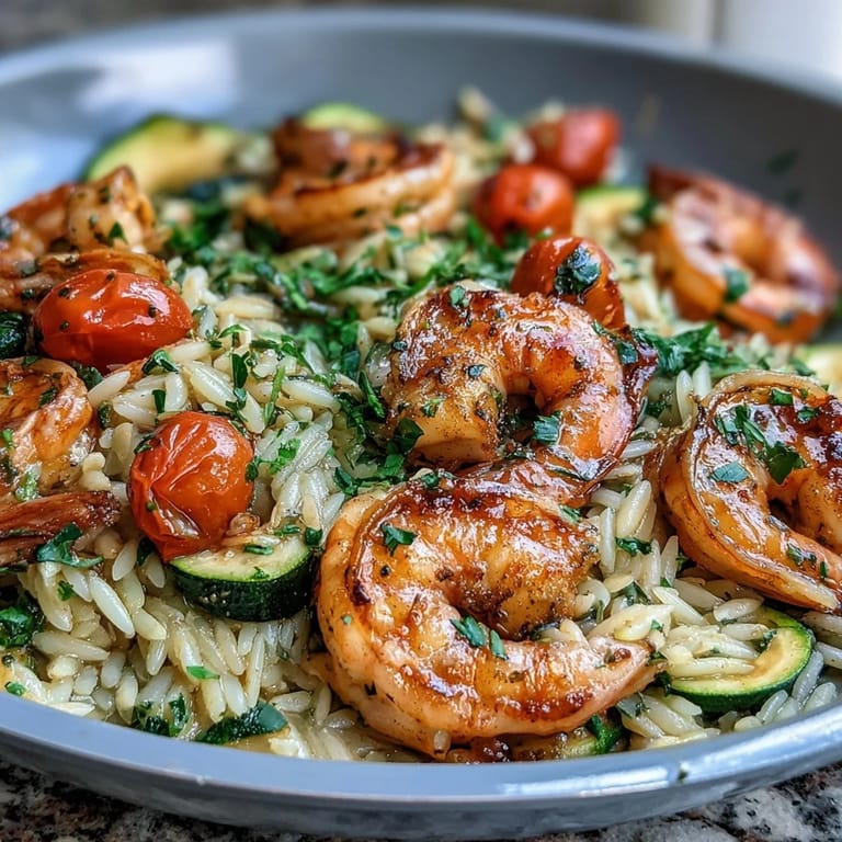 Lemon butter shrimp and orzo, bursting with fresh herbs and zesty citrus, served straight from the pan for a quick Mediterranean-inspired meal.