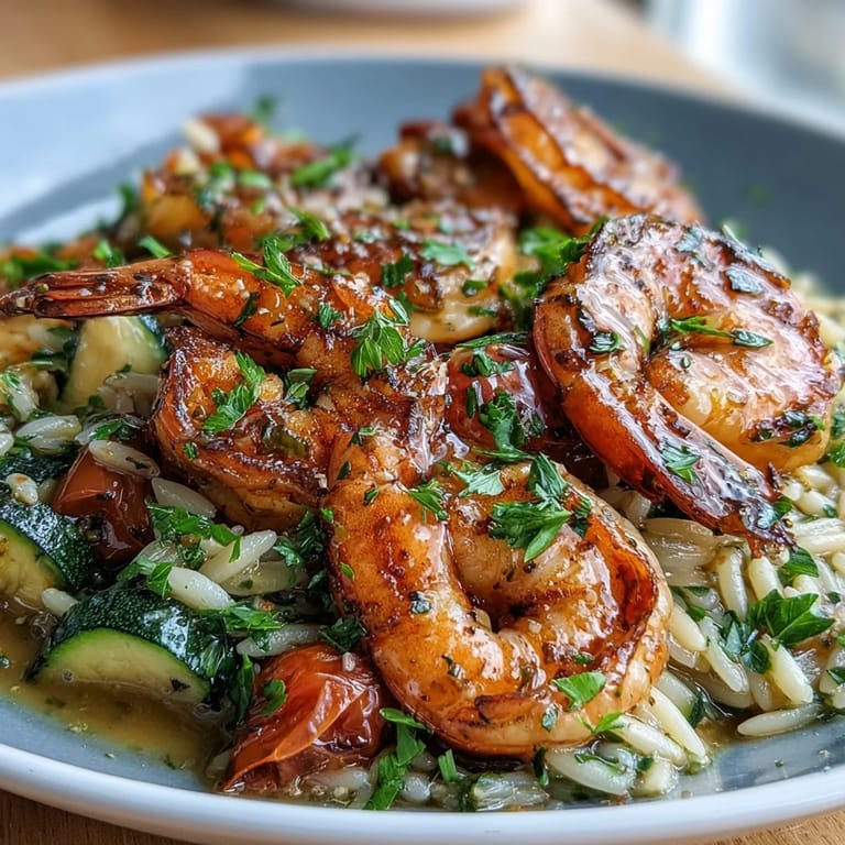 Juicy shrimp, tender orzo, and seasonal vegetables simmered in a bright lemon butter sauce, creating an easy one-pan dinner for busy weeknights.