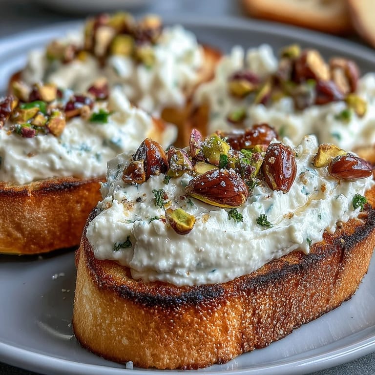 Crisp toasted bread layered with smooth whipped ricotta, a touch of honey, chopped pistachios, and fresh mint for a refined starter.
