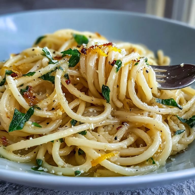 Bright and zesty spring pasta limone featuring al dente linguine tossed in creamy lemon sauce and garnished with basil leaves.