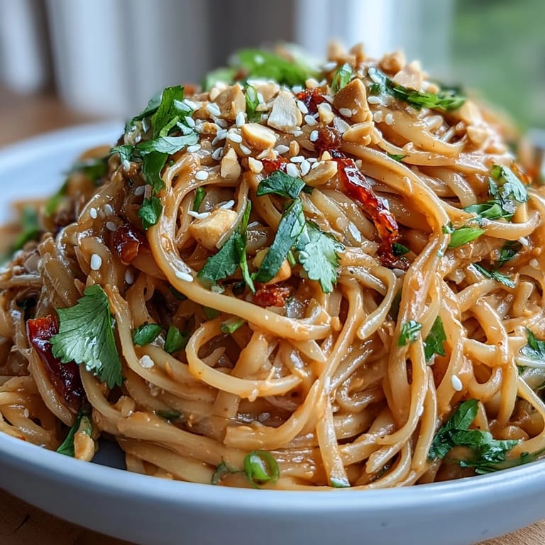 Creamy Thai peanut-lime sauce coats rice noodles, bell peppers, carrots, and cucumber for a refreshing meal.